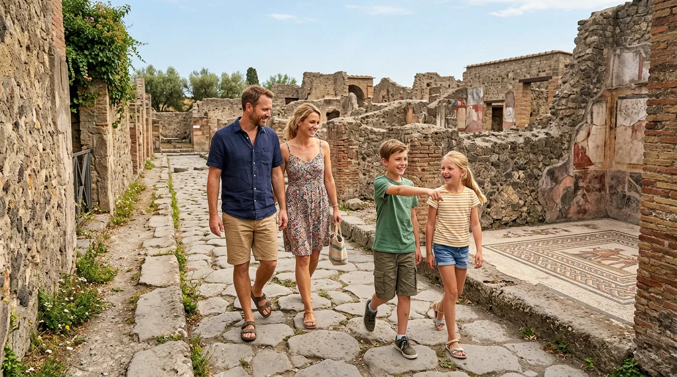 Rodzina z dziećmi wśród rzymskich ruin Pompejów