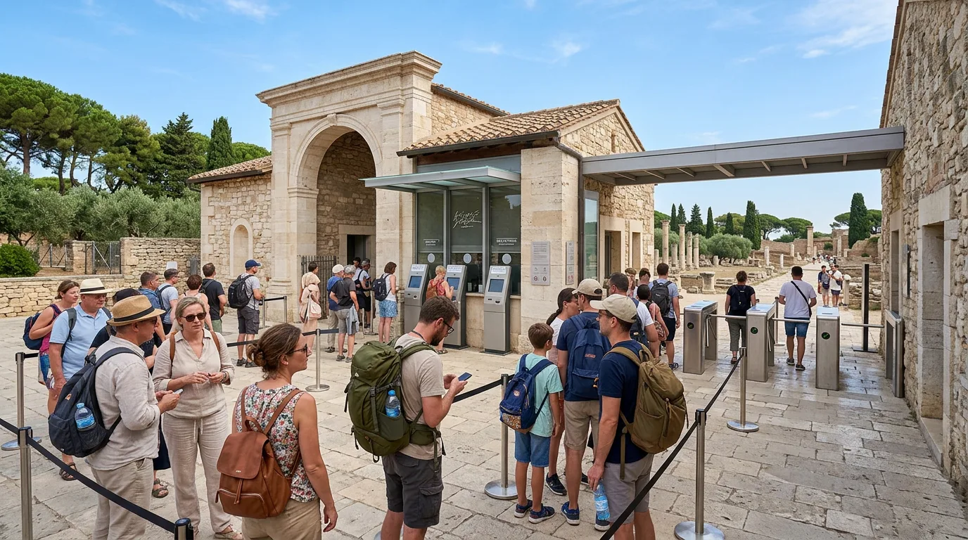 Wejście do parku archeologicznego, kolejka przy kasach