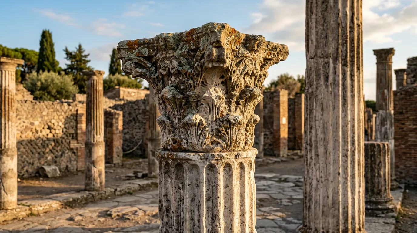 Kolumny rzymskiego zabytku w Pompejach, detale architektoniczne i tekstura kamienia